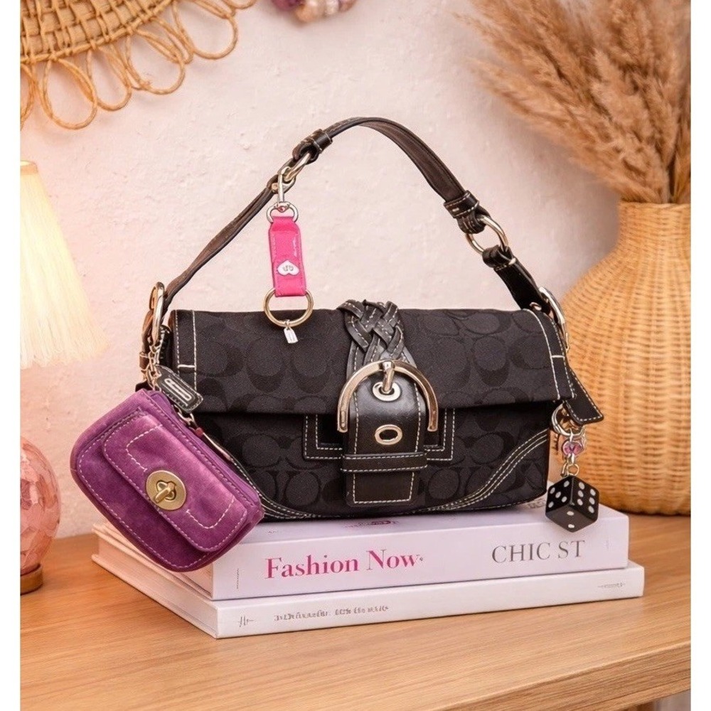Vintage COACH 3628 Signature Baguette Mini Bag Soho Black Canvas Buckle Leather